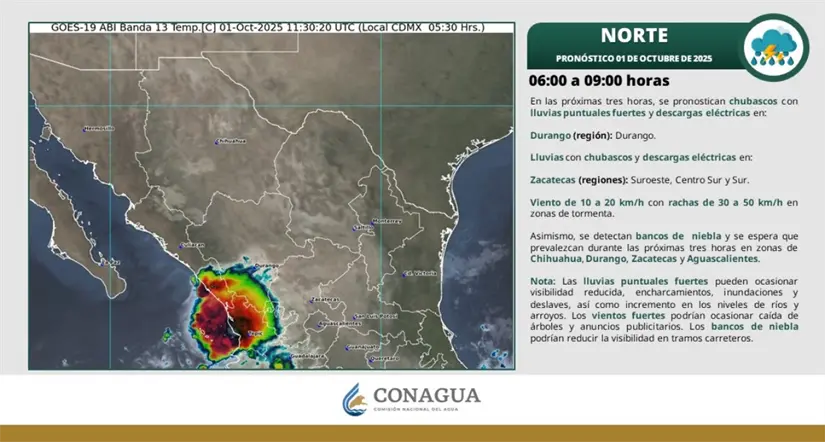 Probabilidad de lluvias en Aguascalientes y el norte del país hoy. Imagen: Conagua