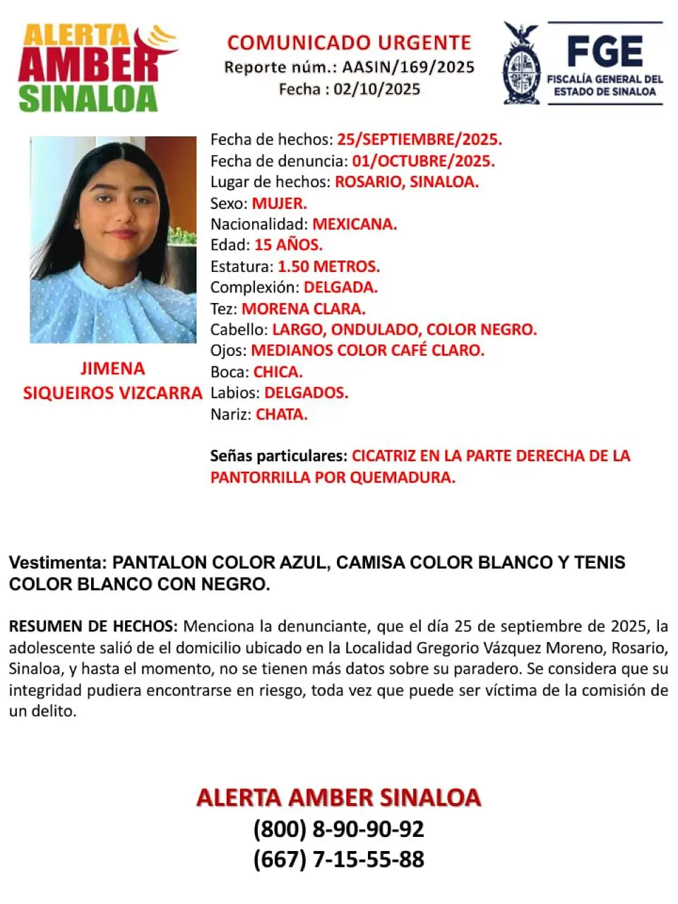 Jimena Siqueiros Vizcarra, desaparecida en Rosario, Sinaloa.