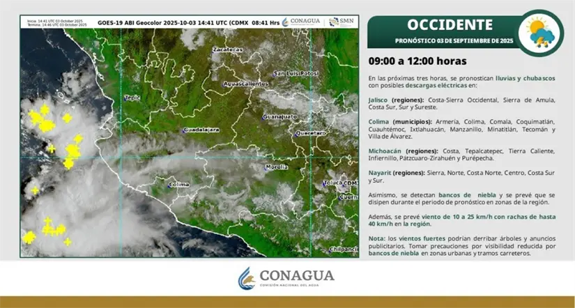 Condiciones meteorológicas en la región las próximas horas. Imagen: Conagua
