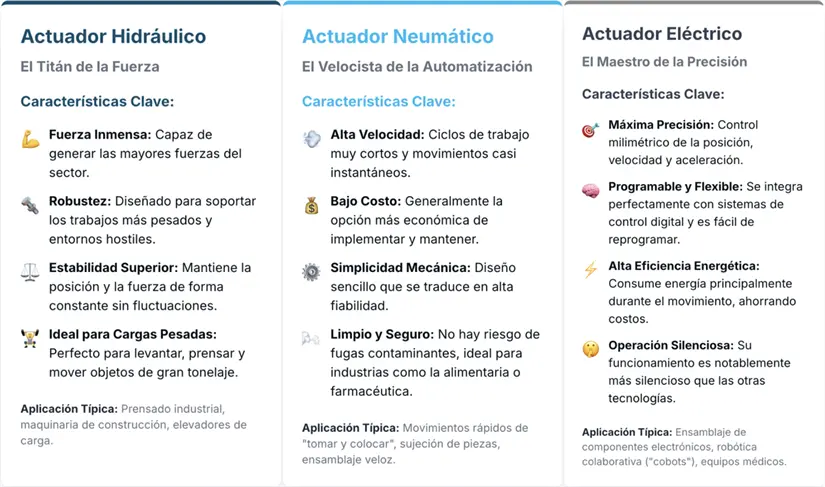 Los diferentes tipos de actuadores, características y aplicaciones.