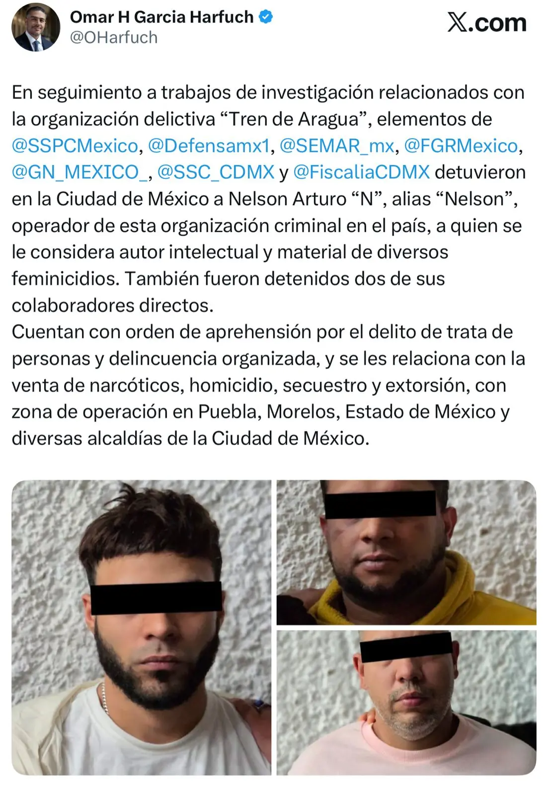 Omar García Harfuch anuncia la detención de Nelson Arturo y dos de sus cómplices 