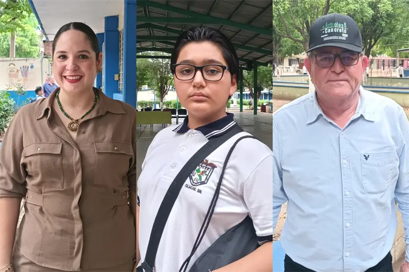 Karina Guadalupe Becerra, directora de la Secundaria STASE, turno vespertino; el alumno Geovanny Alexander Duran, y Noé Lizárraga, director de la Secundaria STASE, turno matutino.