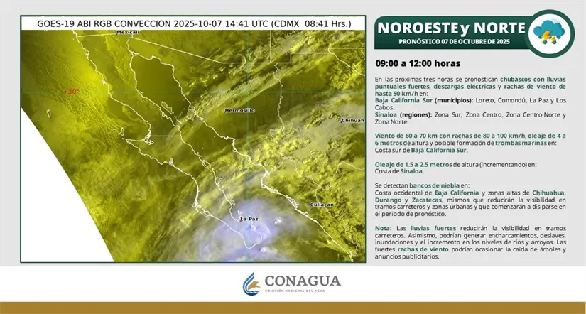 Condiciones de lluvias en Baja California y el noroeste del país esta mañana. Imagen: Conagua