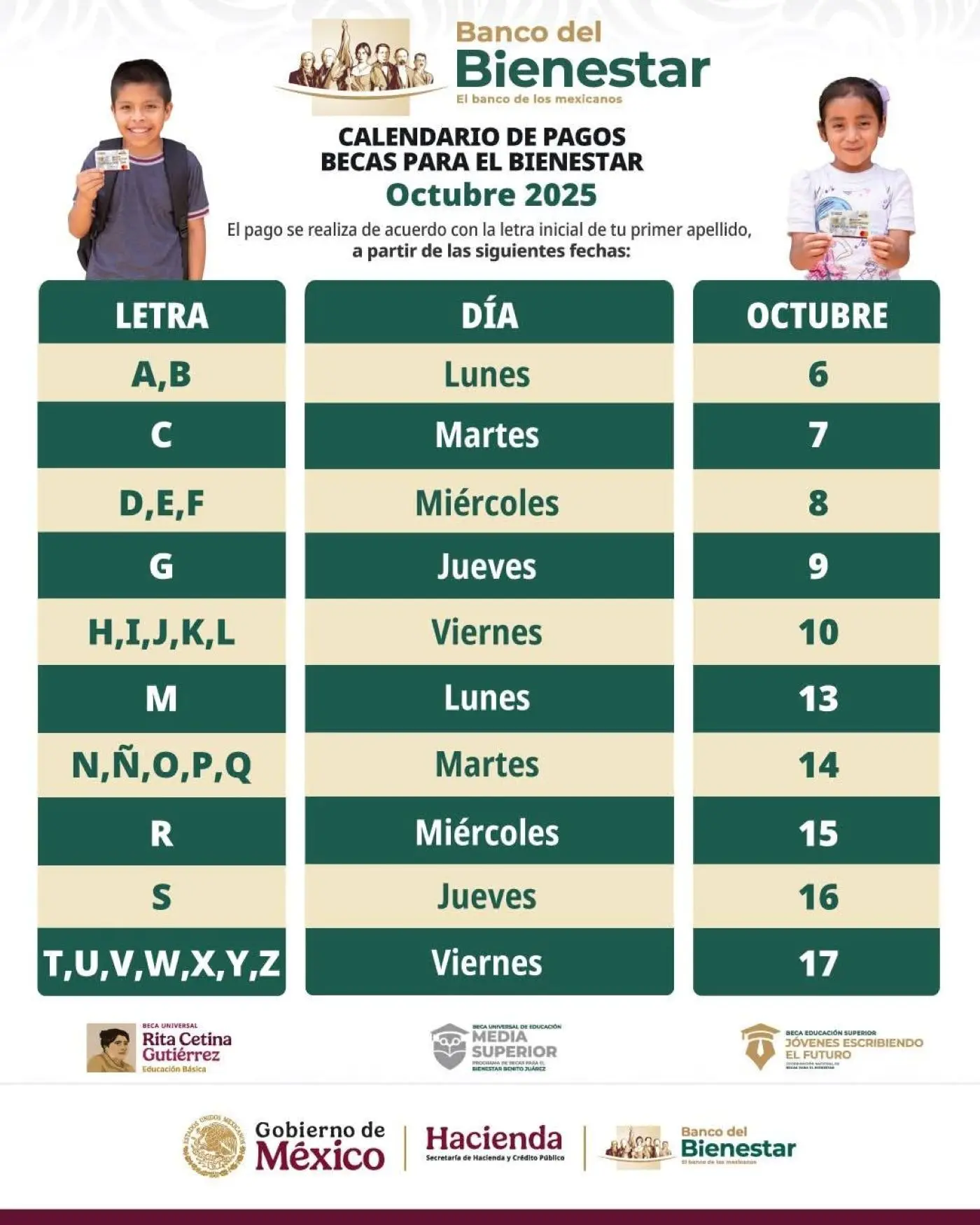 Así que el calendario de pagos de la Beca Rita Cetina para octubre. Foto: Cortesía