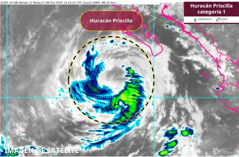 El huracán Priscilla afecta con más intensidad las costas de Baja California Sur. Imagen: Conagua
