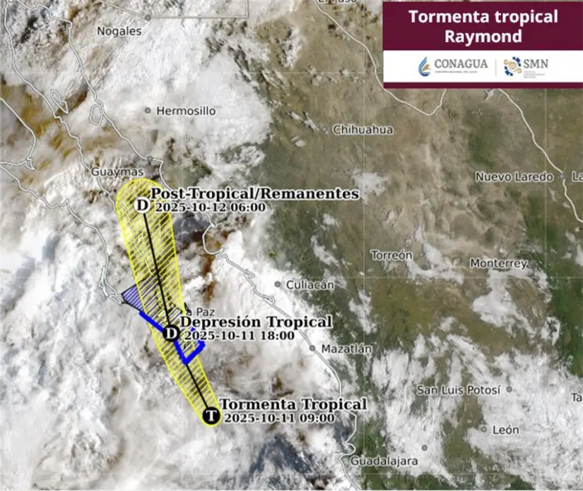 Trayectoria de la tormenta Raymond este fin de semana. Imagen: Conagua