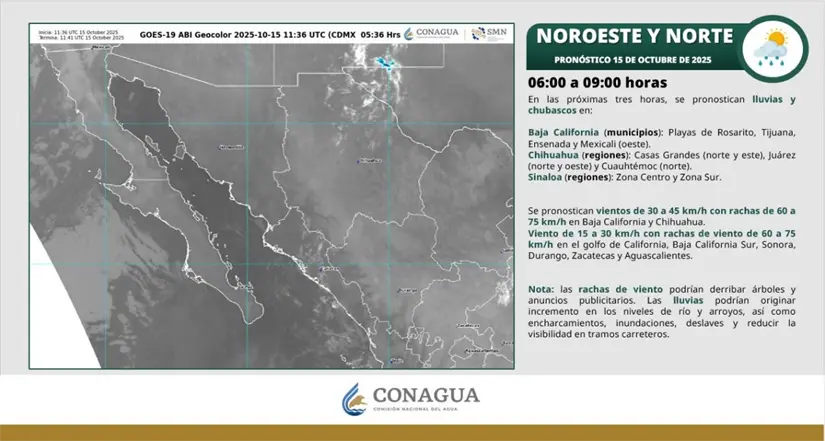 El noroeste del país bajo los efectos del frente frío núm. 7. Imagen: Conagua