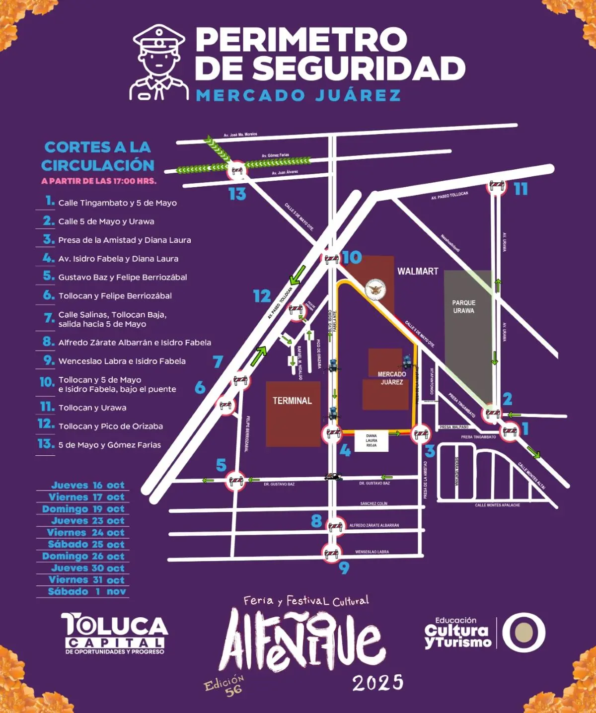 Calles cerradas en Toluca por conciertos de la Feria de Alfeñique 2025. Foto: Cortesía
