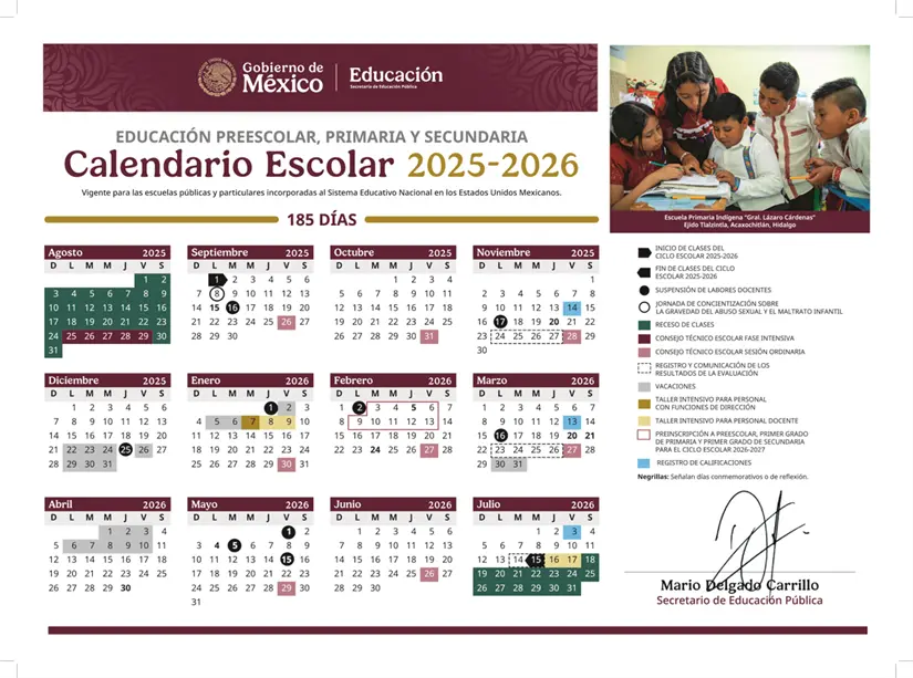 Calendario escolar 2025-2026. Foto: Cortesía.