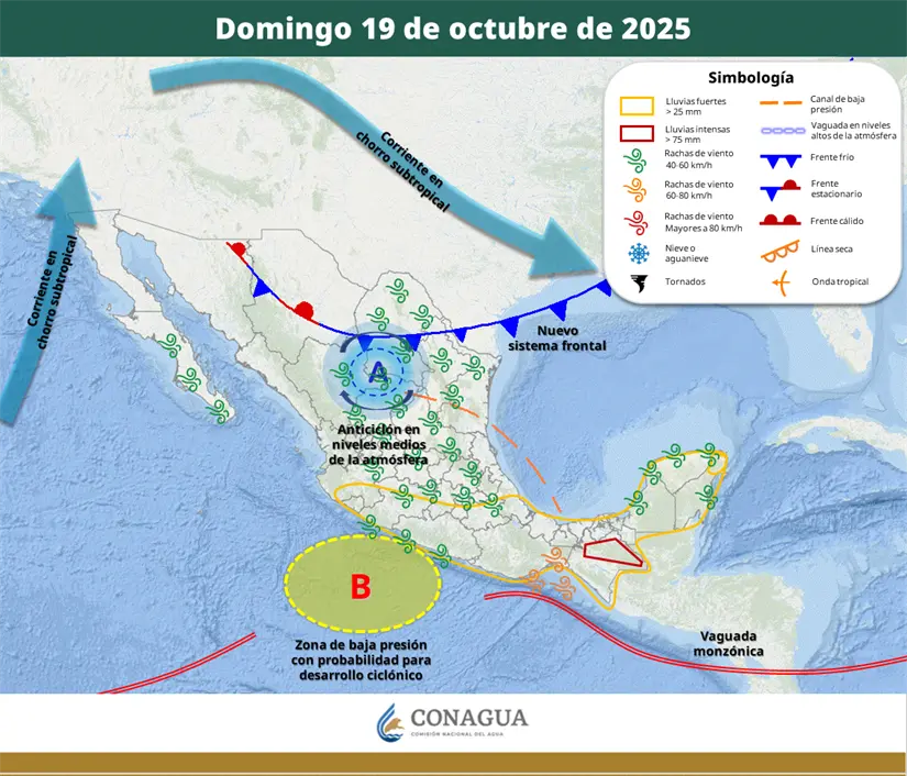 Pronóstico del clima para el 19 de octubre en México. Foto: Cortesía.