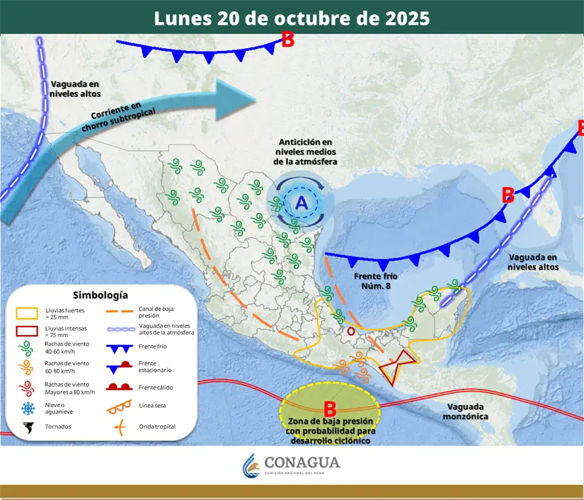 Comportamiento del frente frío 8 para este 20 de octubre. Foto: Cortesía. 