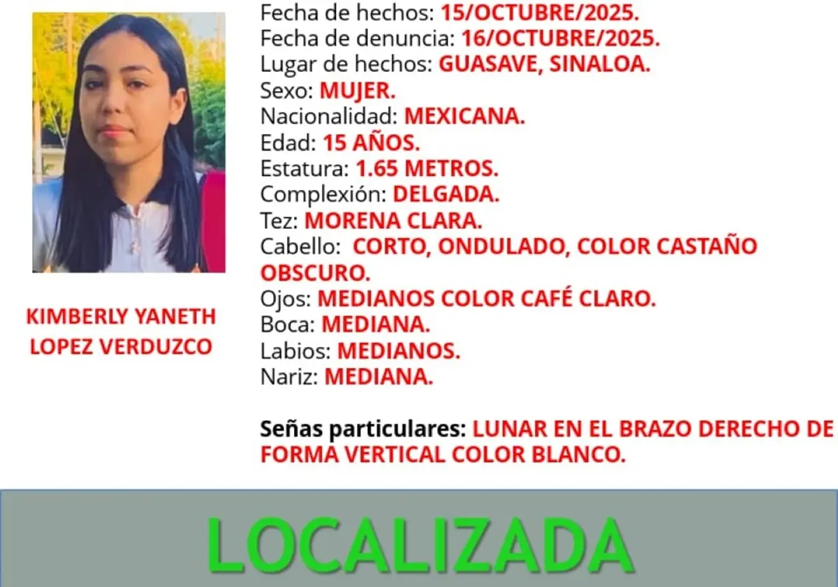 Kimberly Yaneth, ha sido localizada, una de las 5 desaparecidas en Sinaloa. Foto: Cortesía.