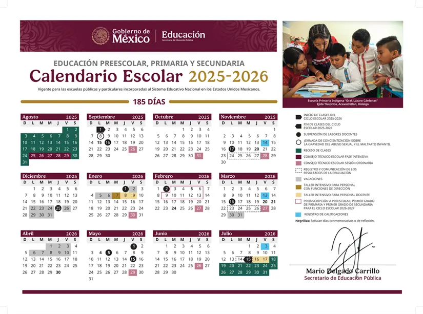 Este es el calendario oficial de la SEP del ciclo escolar 2025-2026. Foto: Cortesía.