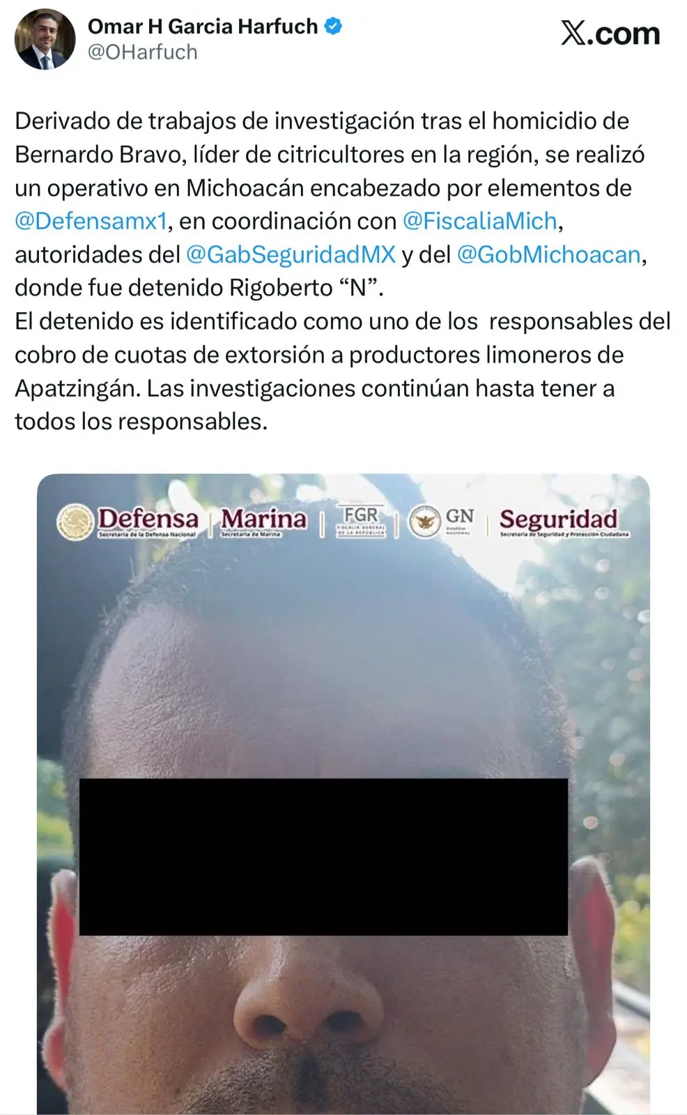 Capturan a Rigoberto “N, extorsionador de limoneros presuntamente vinculado con el homicidios de Bernardo Bravo