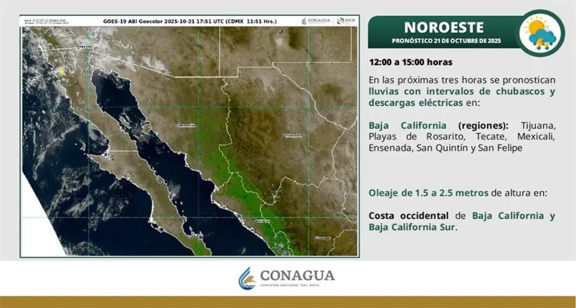 Condiciones meteorológicas para esta tarde en Baja California. Imagen: Conagua