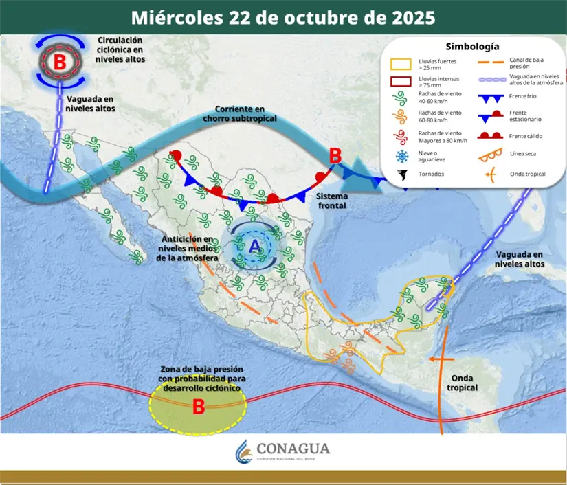 Vientos fuertes pronosticados para el miércoles 22 de octubre. Imagen: Conagua