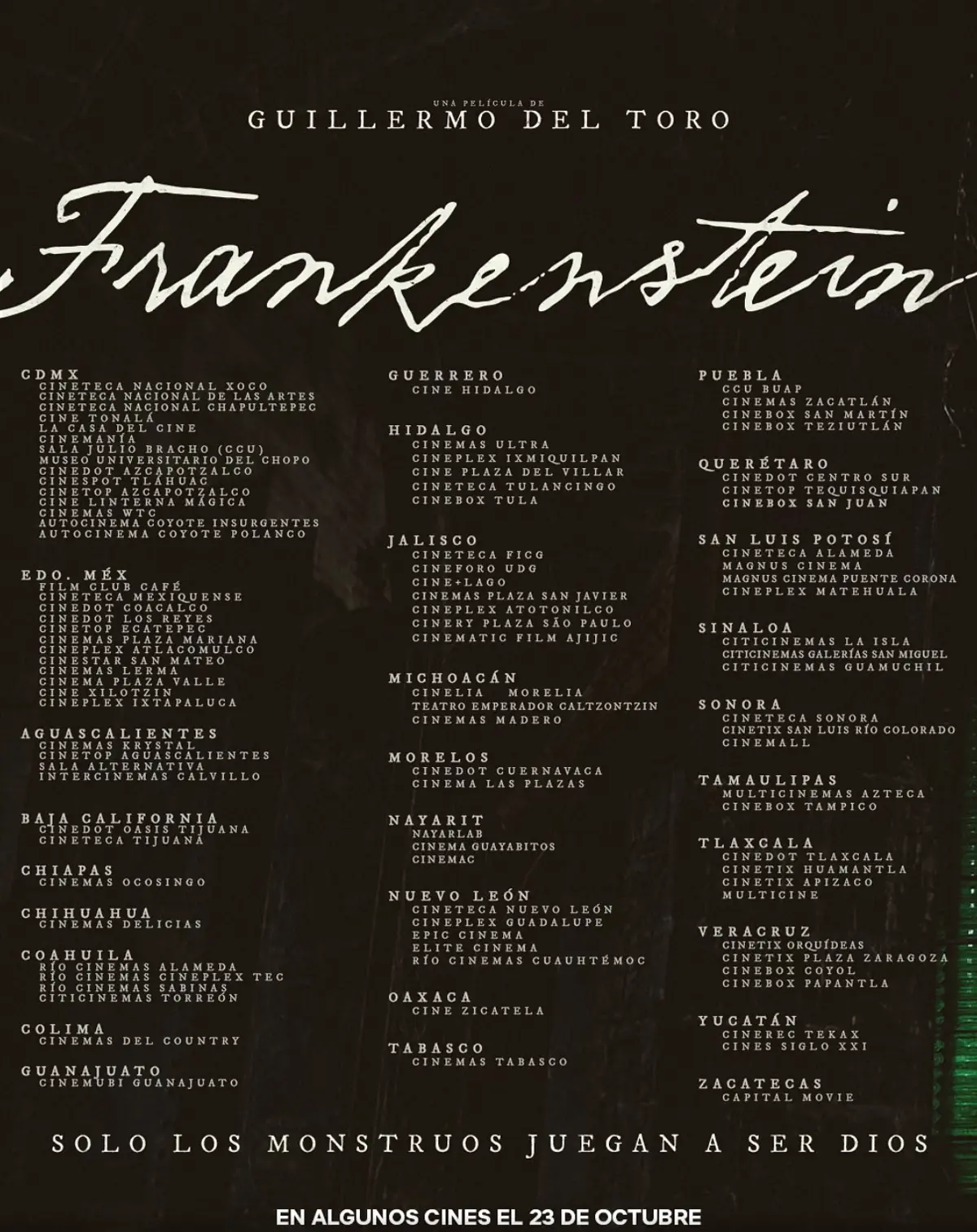 Cines donde estará la película Frankenstein este 23 de octubre en México. Foto: cortesía.