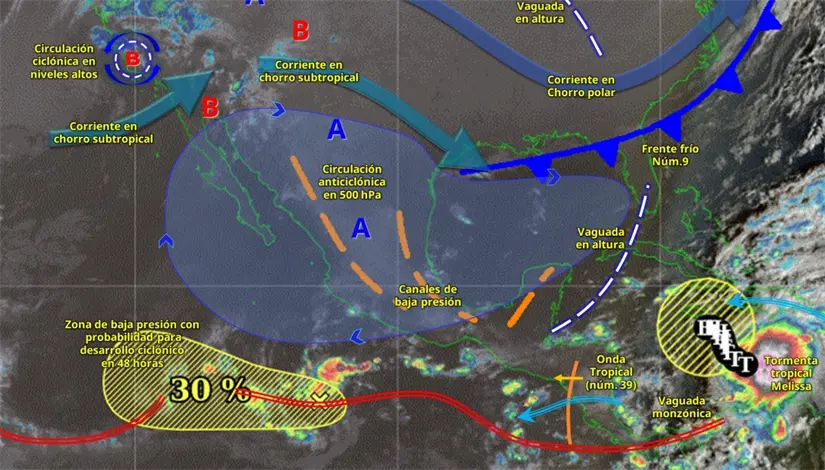 El frente frío 9 se alejará del territorio mexicano este miércoles. Imagen: Conagua