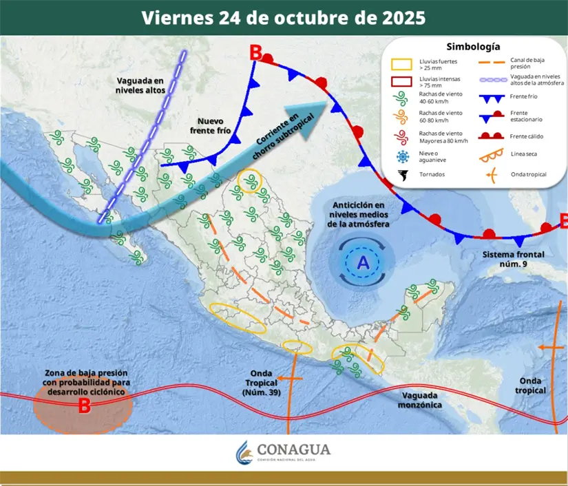 El nuevo frente frío 10 ingresará al país el viernes. Imagen: Conagua
