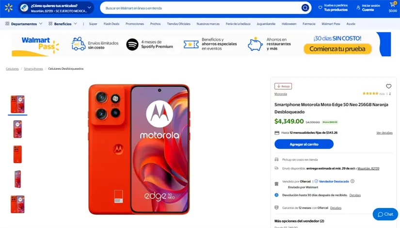 El Moto Edge 50 Neo se encuentra a precio accesible en Walmart. Imagen: walmart.com.mx