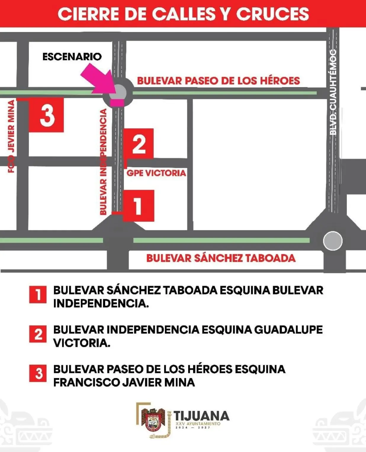 Posibles calles cerradas por concierto de Residente en Tijuana. Foto: Cortesía