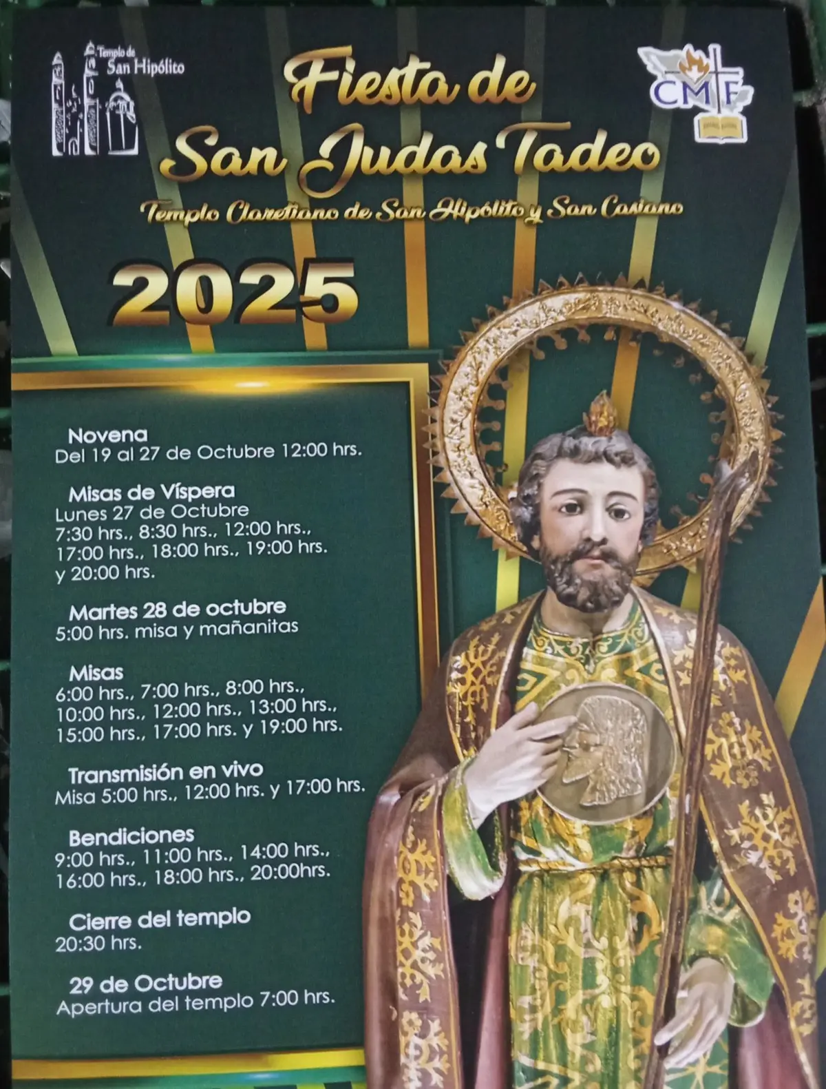 Programa de Actividades de la Fiesta de San Judas Tadeo en el Templo Claretiano de San Hipólito y Casiano en la Ciudad de México.