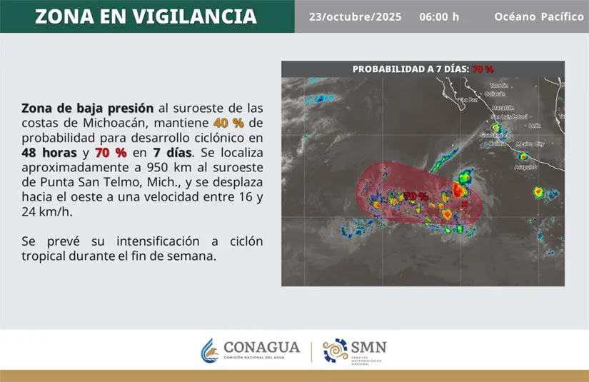 Zona de baja presión con probable desarrollo ciclónico en el Pacífico. Imagen: Conagua
