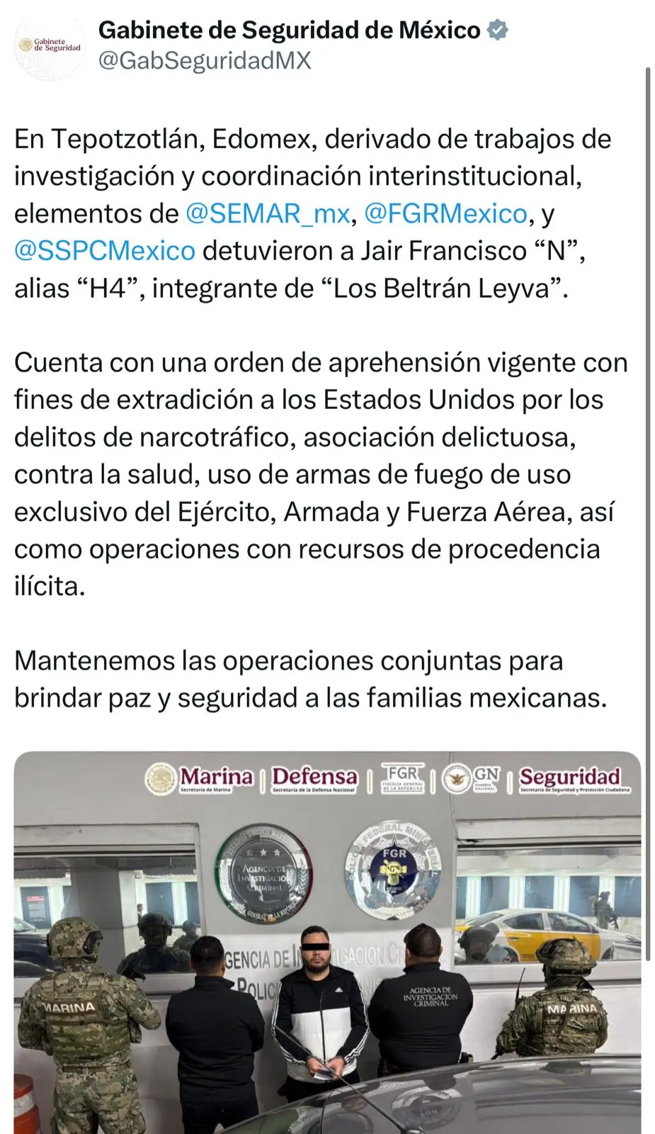 Omar García Harfuch informa sobre la detención de Jair Francisco “N”, alias “H4”.