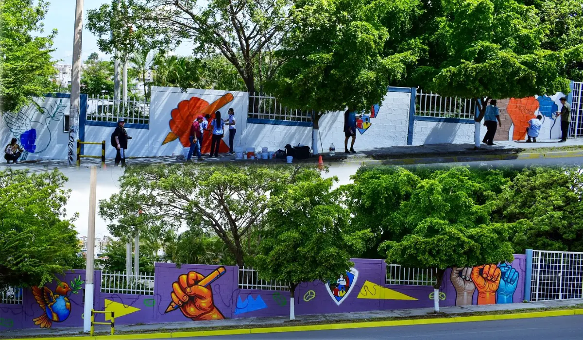 Los estudiantes de la Escuela Normal de Sinaloa en Culiacán plasman mensajes de paz e igualdad en mural guiados por el artista urbano, Doctor Feis. Foto: Juan Madrigal