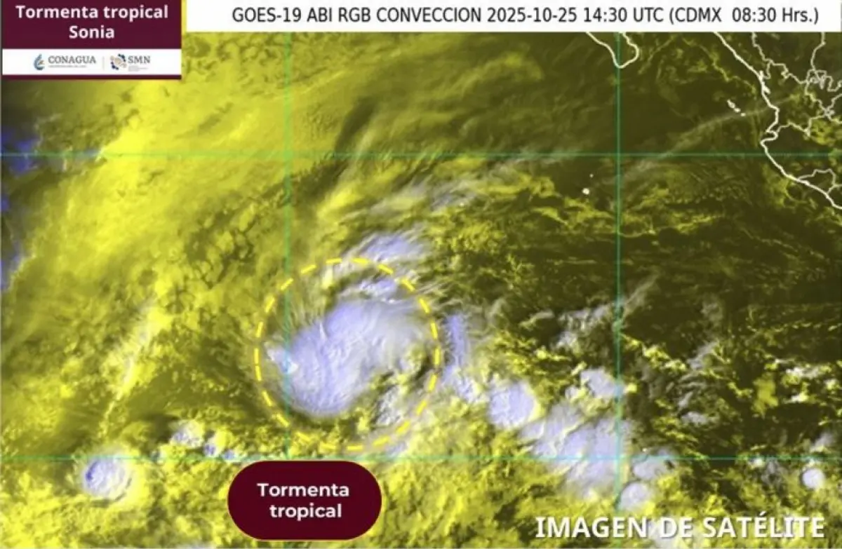 La tormenta tropical Sonia es la número 19 de esta temporada de ciclones. Imagen: Conagua