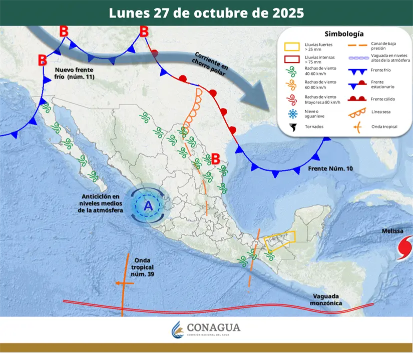 Este será el clima para México durante este lunes 27 de octubre. Foto: Cortesía.