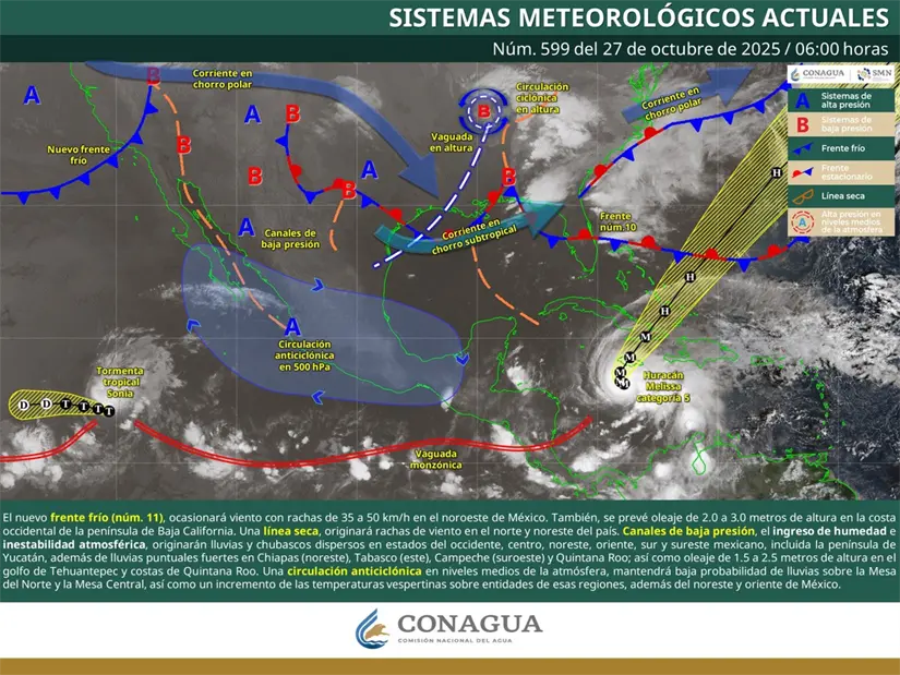 El frente frío 11 estará llegando a México durante los días 27 y 28 de octubre de 2025. Foto: Cortesía.