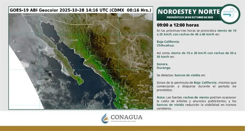 Clima en Baja California y el noroeste del país esta mañana. Imagen: Conagua