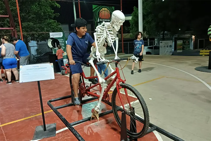 El esqueleto en movimiento, que se activa al pedalear una bicicleta, es delos atractivos más llamativos para chicos y grandes.