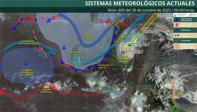 Así se encuentran las condiciones meteorológicas en México este día. Imagen: Conagua