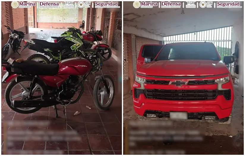 Vehículos asegurados en el inmueble donde fueron detenidos los agresores. Fotos: SSPC