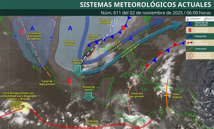 El frente frío 12 propiciará lluvias en varias regiones del país este domingo. Imagen: Conagua