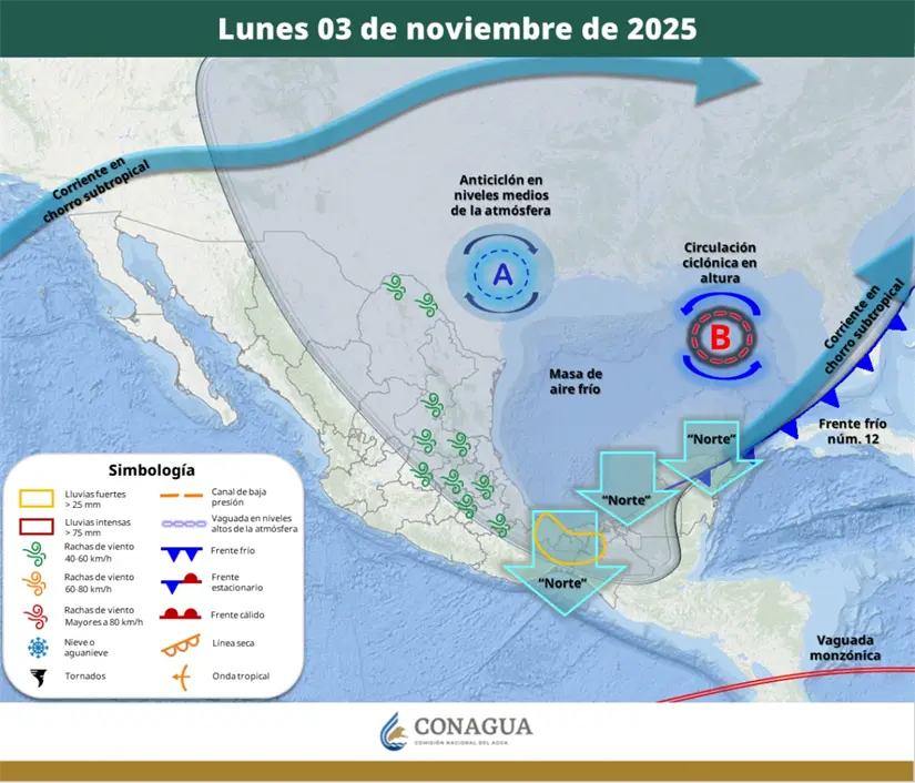 El lunes seguirán los efectos del frente frío 12 en México. Imagen: Conagua