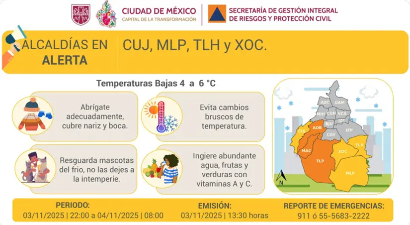 CDMX emite alertas en siete alcaldías por baja de temperatura. Foto: cortesía.
