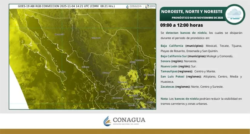 Bancos de niebla en Baja California y otros estados del noroeste del país esta mañana. Imagen: Conagua