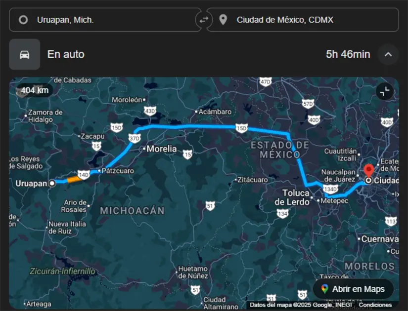 Puedes viajar en coche o autobús a Uruapan desde CDMx en un viaje de casi 6 horas. Imagen: Google Maps