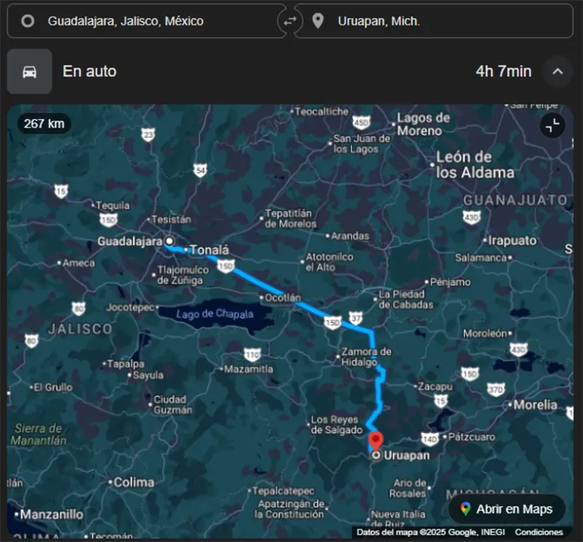 Esta es la ruta más rápida para llegar a Uruapan desde Guadalajara. Imagen: Google Maps