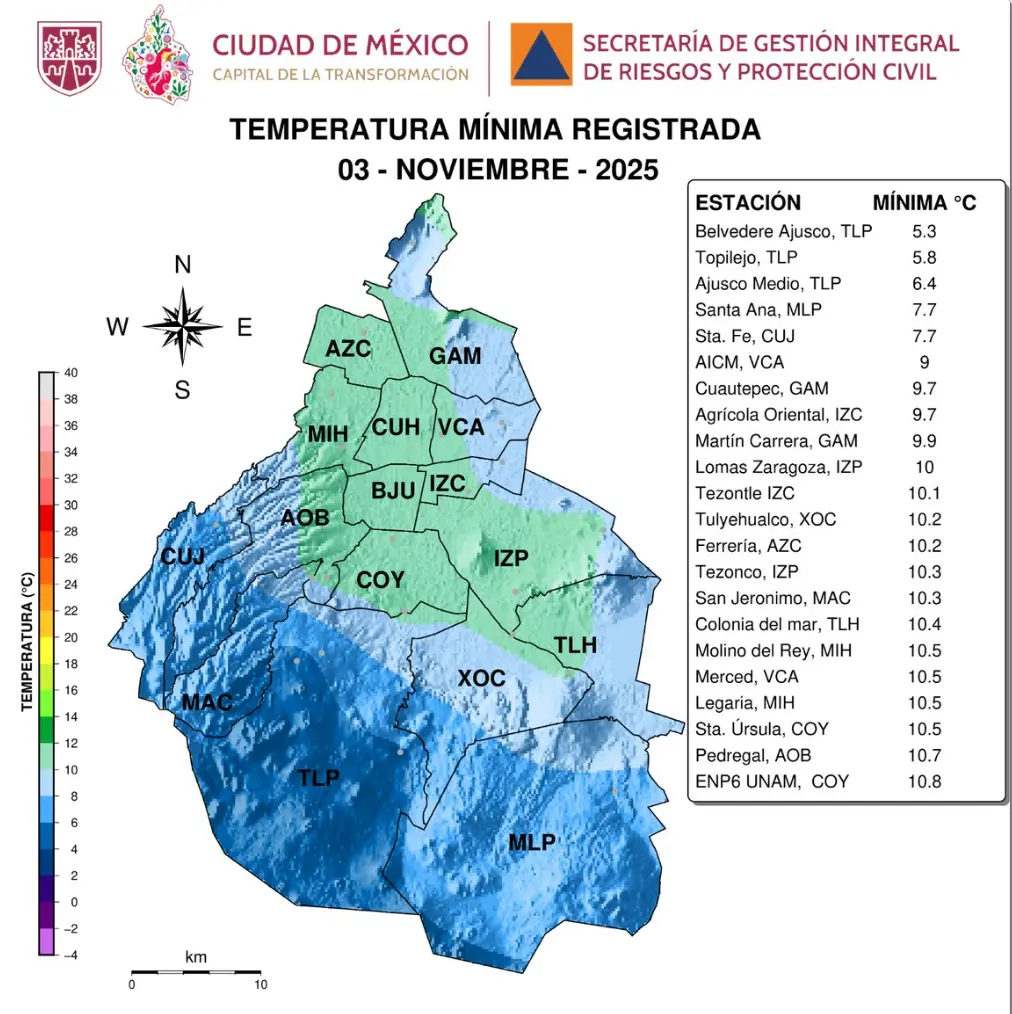 Temperaturas mínimas registradas en CDMX este 3 de noviembre. Foto: cortesía.