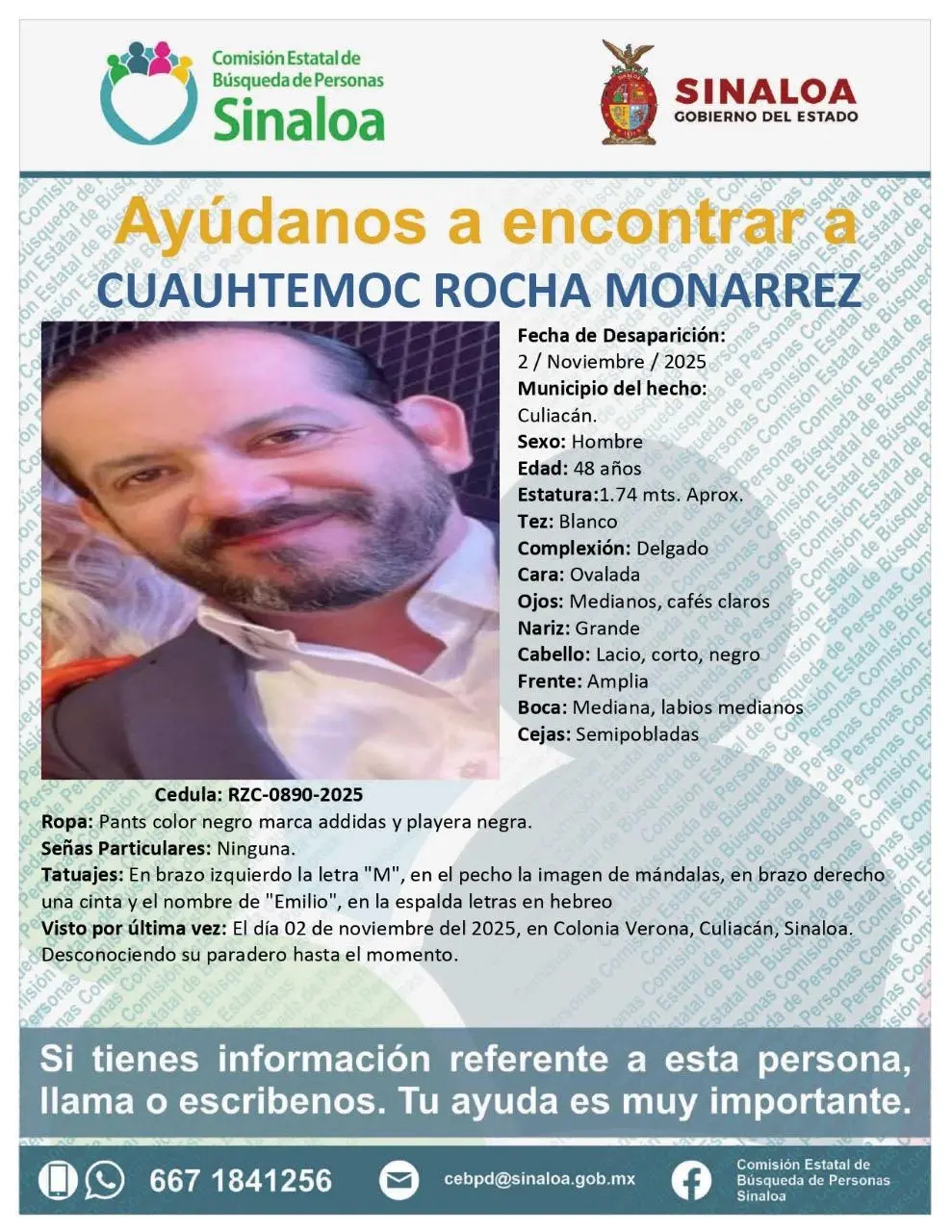 Piden ayuda para localizar a Cuauhtémoc Rocha, desaparecido en Culiacán. Imagen: CEBP