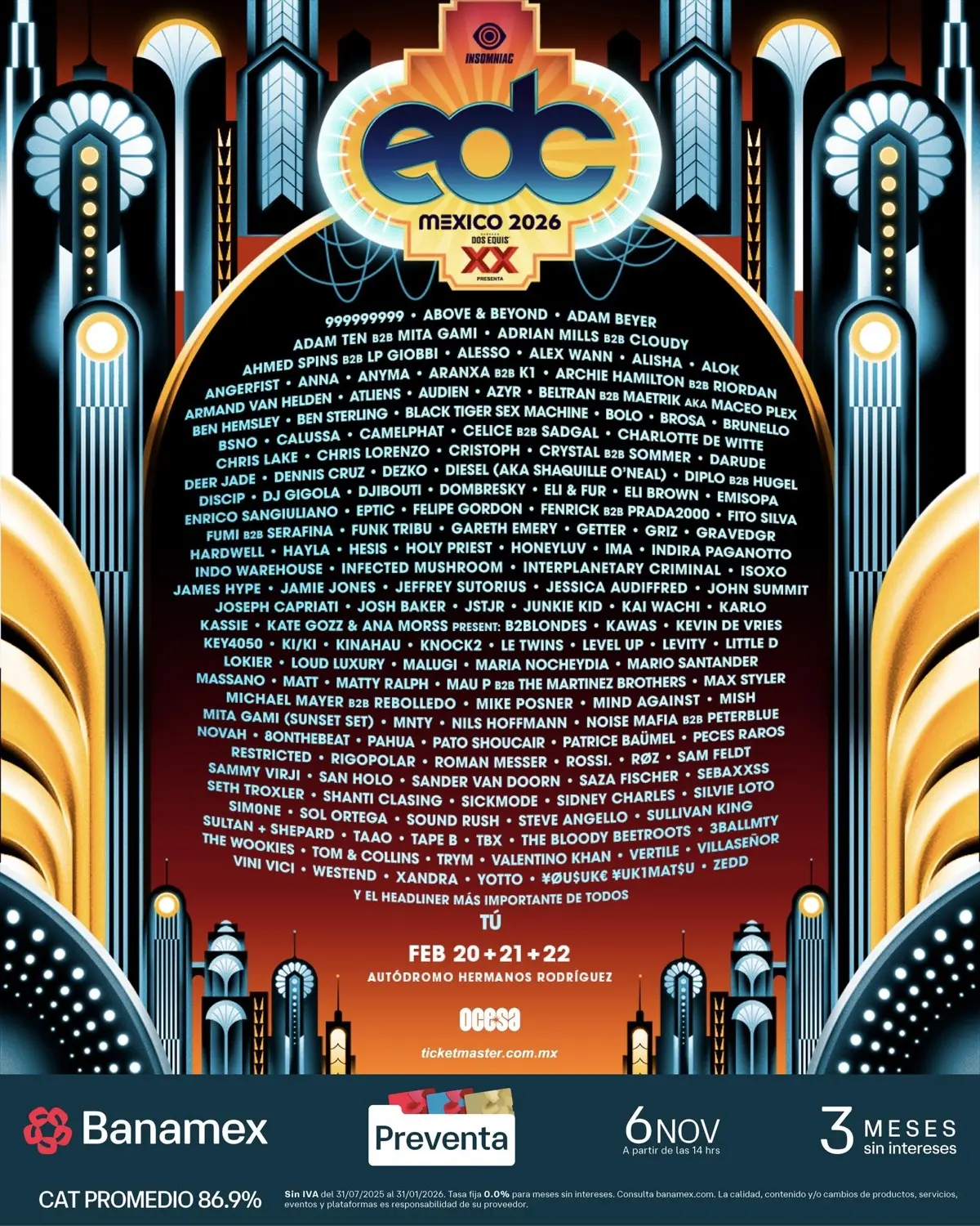 Lineup del EDC México 2026. Imagen: Cortesía