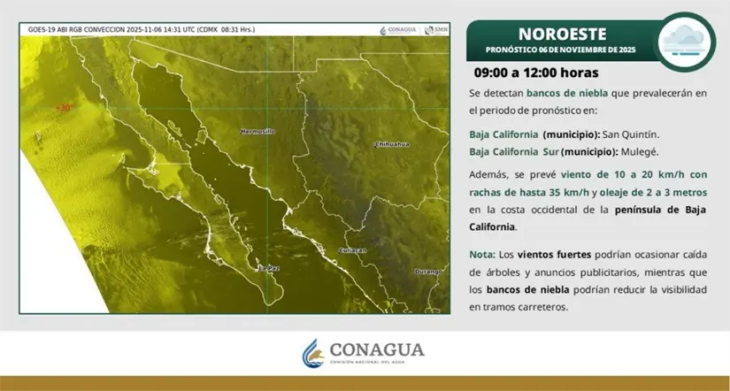 Clima en Baja California esta mañana. Imagen: Conagua