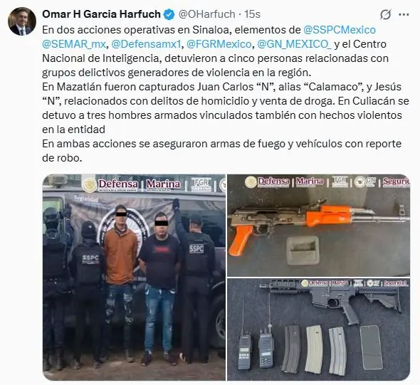 Detienen a cinco presuntos integrantes de grupos delictivos en Sinaloa