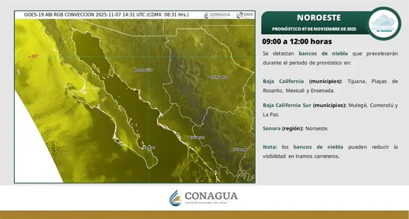 Bancos de niebla matutinos en Baja California este viernes. Imagen: Conagua