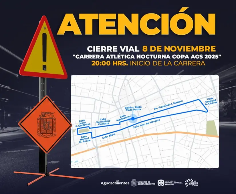 Calles cerradas por la Carrera de la Copa Aguascalientes 2025. Foto: Cortesía