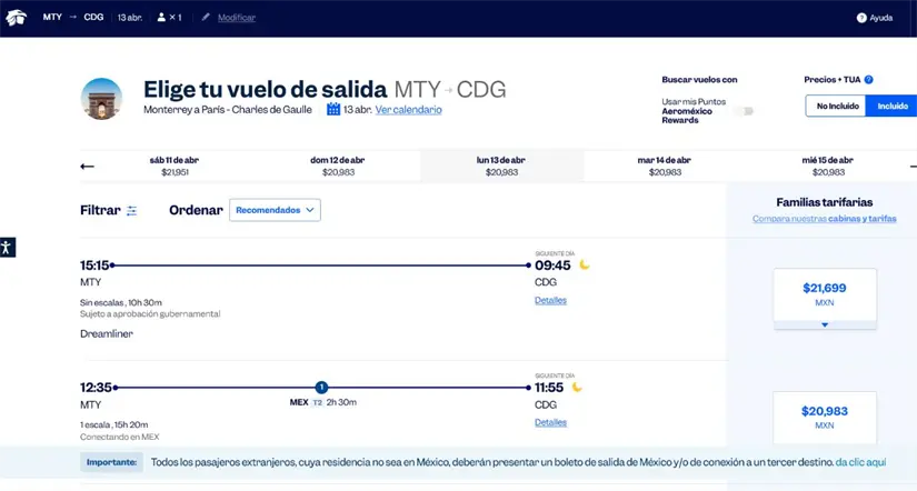 Costo del vuelo Monterrey-París, saliendo el 13 abril de 2026. Foto: Captura de pantalla